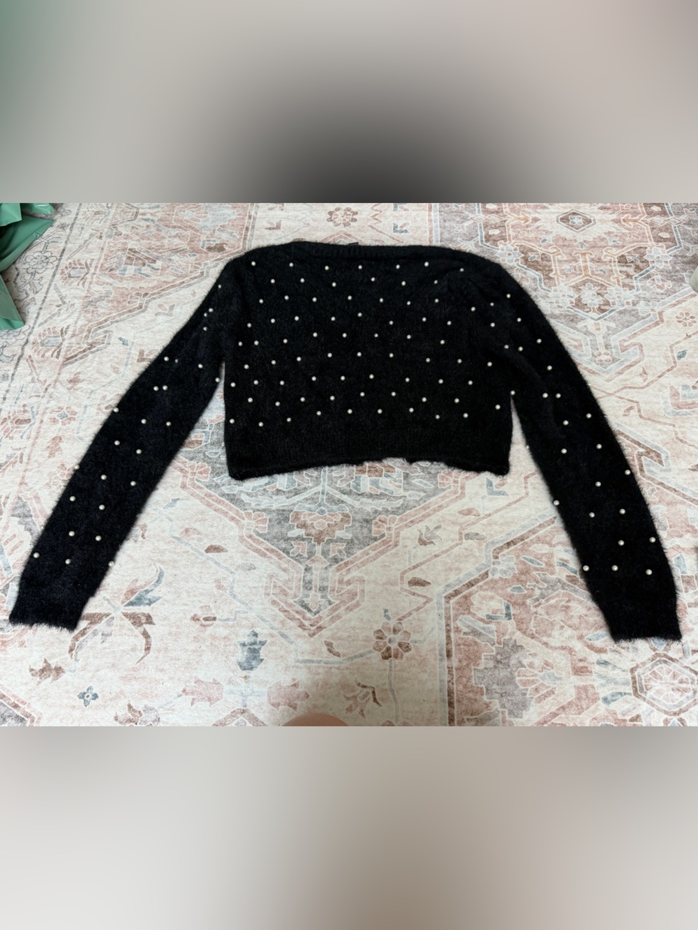 Forever 21 Black Pearl-Studded Fuzzy Crewneck Sweater